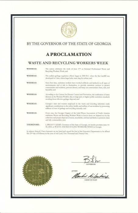 State of Georgia Has Issued a Waste and Recycling Workers Week Proclamation
