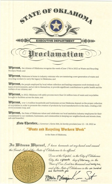 State of Oklahoma Has Issued a Waste and Recycling Workers Week Proclamation